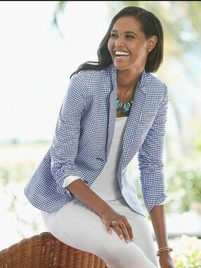 Talbots Blue and White Gingham Checked Linen Cotton Tailored Blazer Size 14P